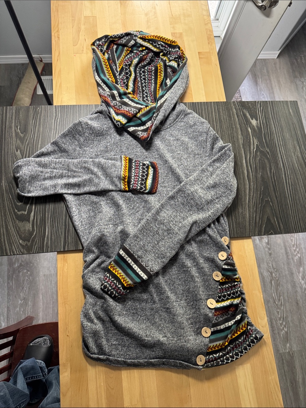 Gray Hooded women’s Sweater with Multi-Color Tribal Trim